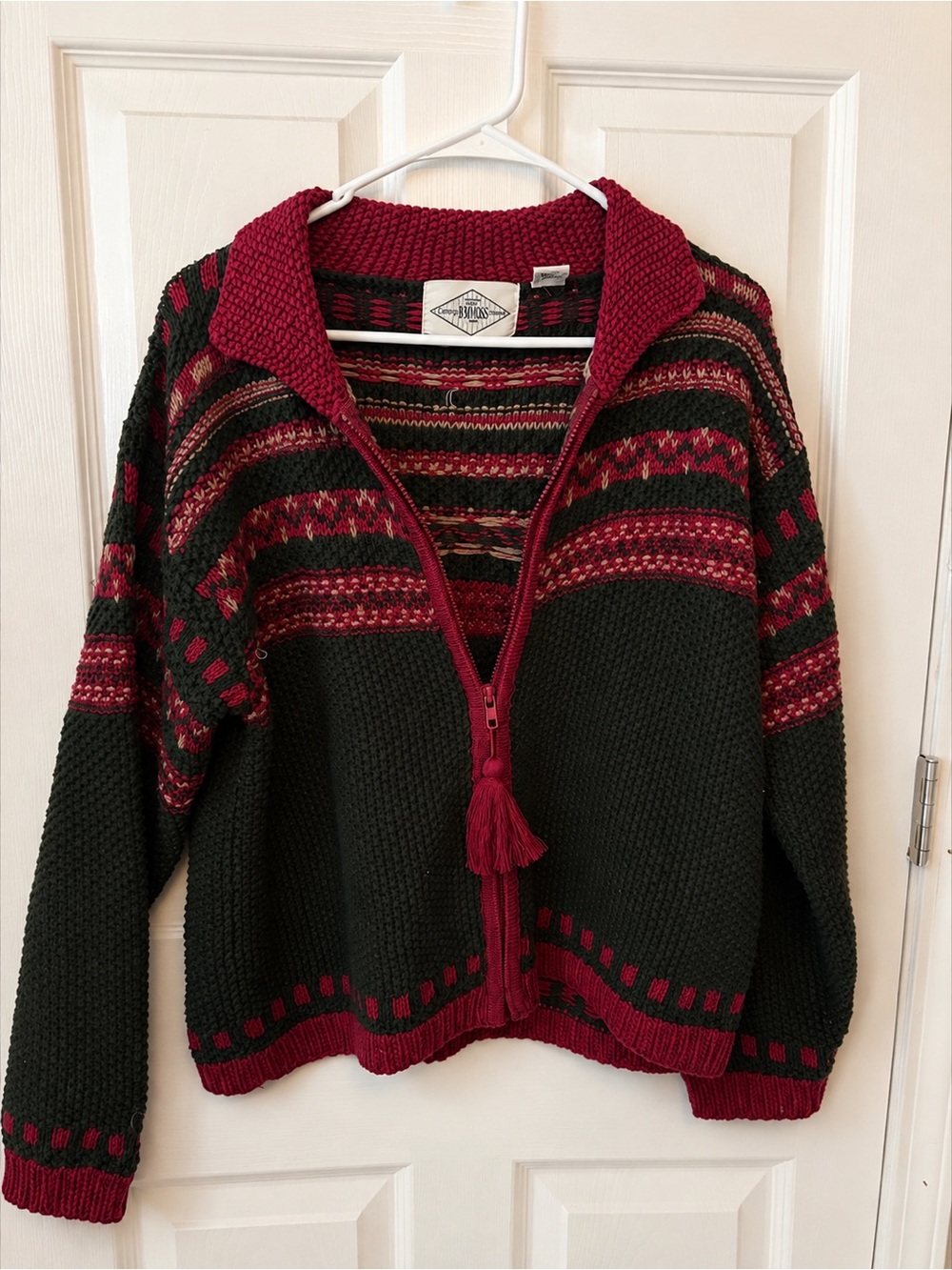 Vintage B. Moss Chunky Knit Zip Up Sweater Red Black Size M